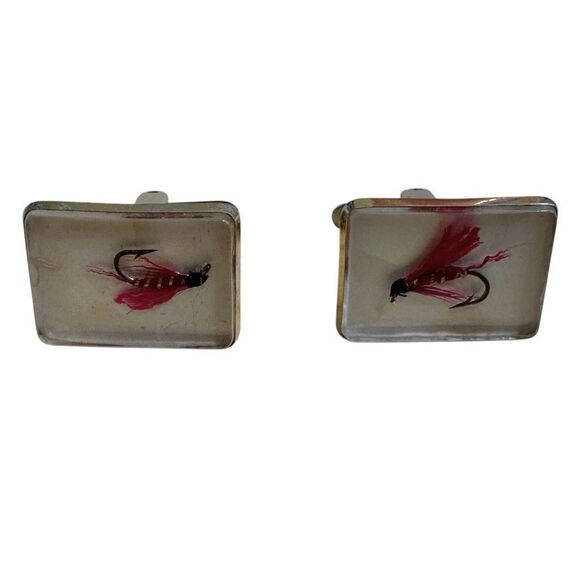 Vintage 1950s Hickok Fly Fishing Cufflinks โ Red Feather in Lucite - Picture 5 of 8